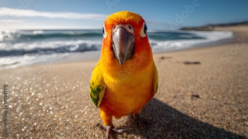 Dynamic Parrot in a Selfie Posing Vibrantly on a Dazzling Sunlit Beach with Sparkling Ocean Waves