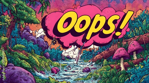 Detailed vibrant illustrated scene of a whimsical cartoon character tripping with an expressive speech bubble exclaiming 