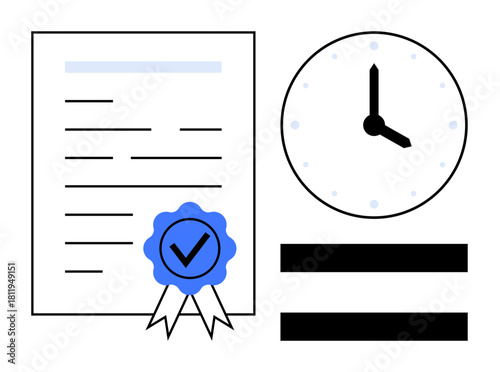 Document awarded with a ribbon checkmark, clock for punctuality, and equality symbol. Ideal for achievement, efficiency, time management, success, quality assurance, equality simple flat metaphor