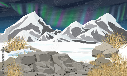 Northern Lights in the sky above a snow-covered mountain valley. Winter in the mountains. Realistic vector landscape.