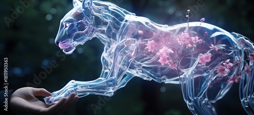 A liger , a small creature made of glass that is sitting in the palm of your hand ,generative AI