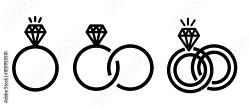 Collection of wedding ring icons. Diamond ring. Engagement diamond ring icon. 