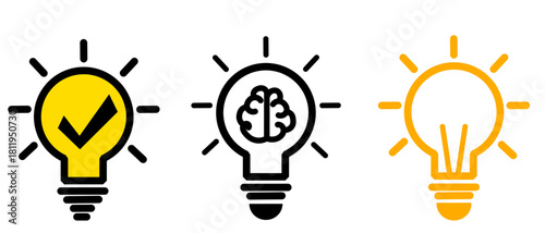 Set of light bulb icons for ideas, science, innovation, enlightenment and inspiration symbols on white background.
