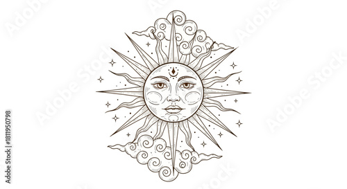 Mystical Boho Sun and Clouds Line Art Illustration - Celestial Design Element