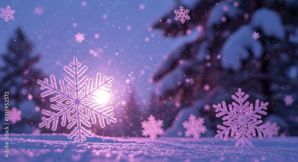 Fototapeta premium Close-up of a snow-covered ground with snowflake, conveying winter season, purity, and festive mood, perfect for Christmas or holiday concepts
