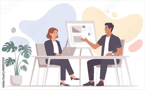 Business Meeting or Consultation with Man Presenting to Woman on Whiteboard