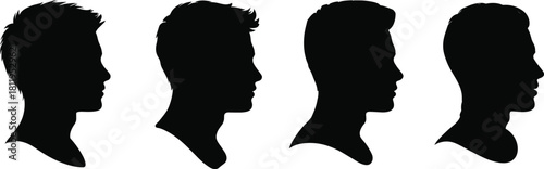 Male profile silhouette collection, men head side view vector illustration with modern hairstyles for barbershop, fashion design, cad drawing flat vector illustration