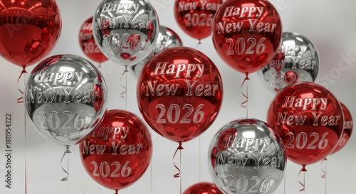 Happy New Year balloons in chrome silver and metallic red, floating joyfully for celebrations