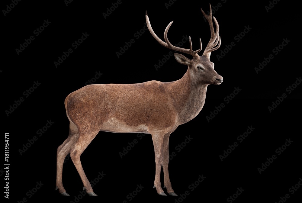 Obraz premium A realistic 3D render of a majestic stag standing in profile on a black background, showcasing detailed fur texture, antlers, and natural body shape. Ideal for wildlife, nature