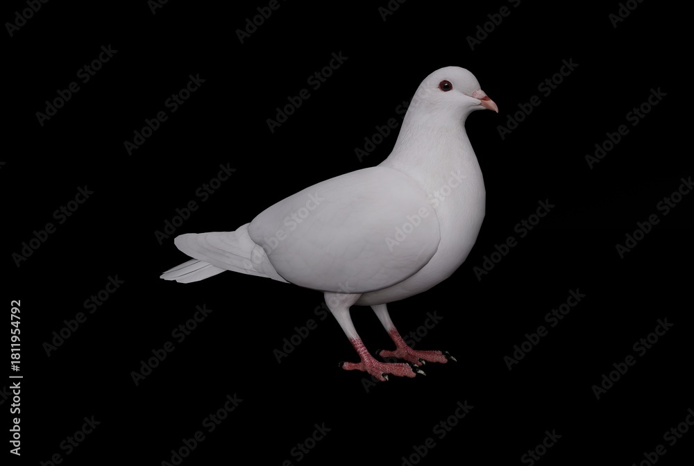 Obraz premium A highly detailed 3D render of a white dove standing against a black background, showcasing its feathers, beak, and natural posture. Ideal for wildlife concepts, peace themes, education