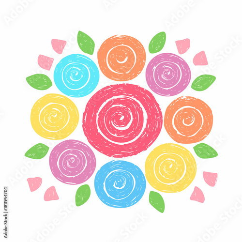 Colorful crayon roses collection. Naive style kid's drawing. Pencil ink drawing flowers and leaves in naive style, childish or primitive drawing. Kids doodle vector illustrations