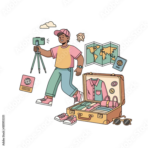 Young Traveler Vlogging Adventure with Packed Suitcase and Travel Essentials