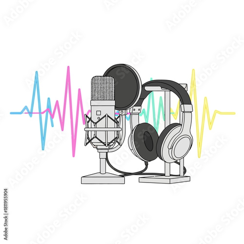 Podcast Studio Setup Microphone, Headphones, and Sound Wave Illustration for Audio Recording
