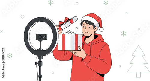 Vlogger unboxing Christmas gift on live stream, content creator in Santa hat opening present in front of ring light, recording social media video