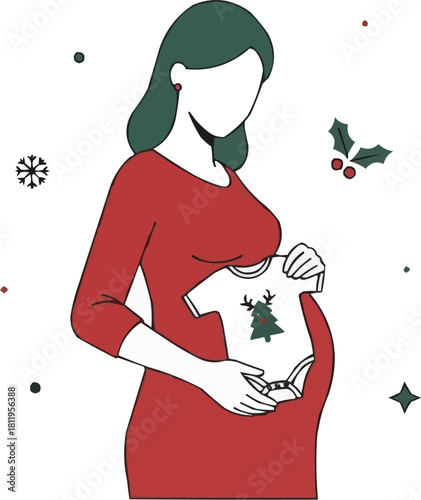 Pregnant woman holding Christmas baby bodysuit on baby bump, expectant mother in red dress cradling belly, holiday maternity illustration, prenatal celebration, winter season pregnancy