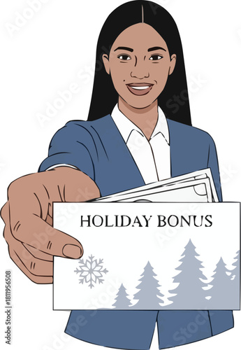 Businesswoman holding envelope with holiday bonus cash, professional woman in suit presenting money reward, corporate year-end gift, financial incentive vector