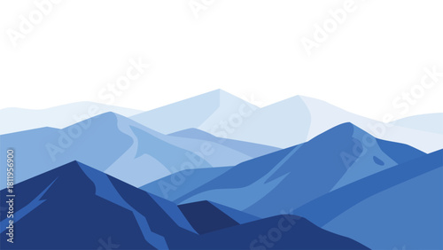 Stylized blue mountain range illustration with layered peaks and a clean aesthetic