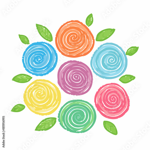 Colorful crayon roses collection. Naive style kid's drawing. Pencil ink drawing flowers and leaves in naive style, childish or primitive drawing. Kids doodle vector illustrations