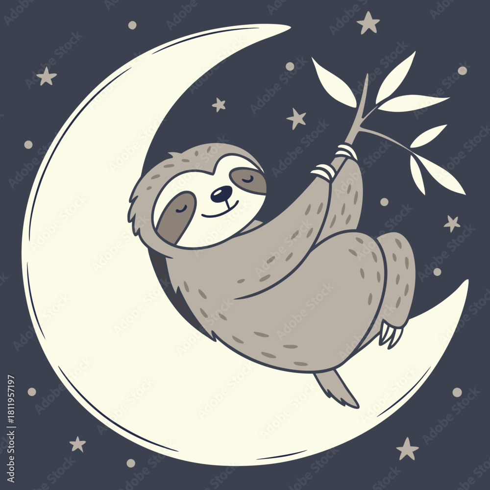 Naklejka premium Cartoon Sloth Hanging from Branch on Crescent Moon animal cute