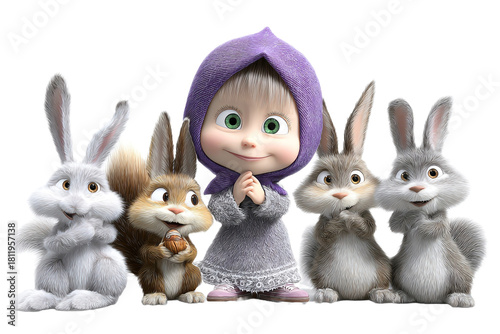 Masha and the bear with fluffy bunnies and a squirrel