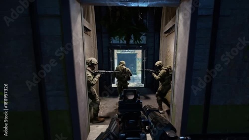 Squad of soldiers advances through dense jungle foliage in a first person shooter game