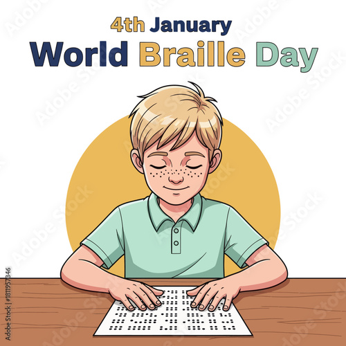 Illustration of a blind boy reading Braille for World Braille Day on January 4th, promoting accessibility, education, and inclusion for visually impaired communities.