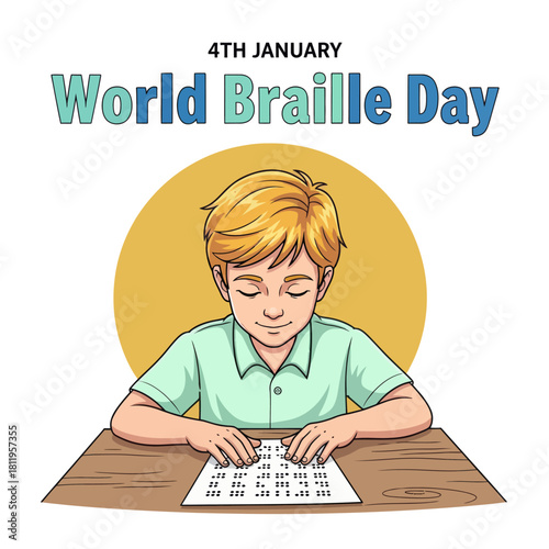 Illustration of a blind boy reading Braille for World Braille Day on January 4th, promoting accessibility, education, and inclusion for visually impaired communities.