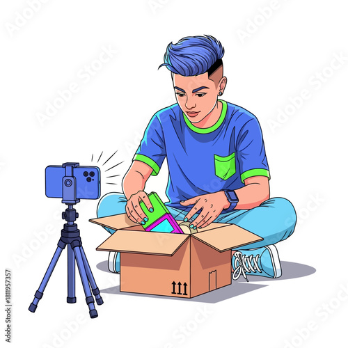 Young content creator unboxing a package with a smartphone on a tripod recording for a video