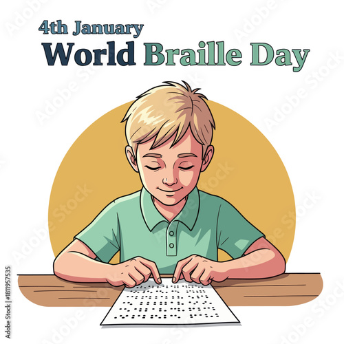 Illustration of a blind boy reading Braille for World Braille Day on January 4th, promoting accessibility, education, and inclusion for visually impaired communities.