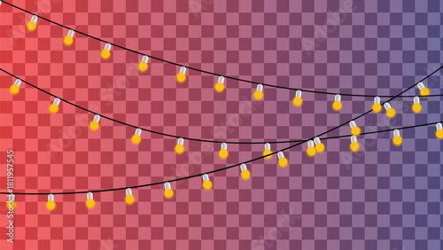 String of yellow party light bulbs against a red and blue gradient