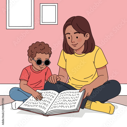 A heartwarming illustration of a mother teaching a blind child to read Braille, highlighting learning support, accessibility, and inclusive education.