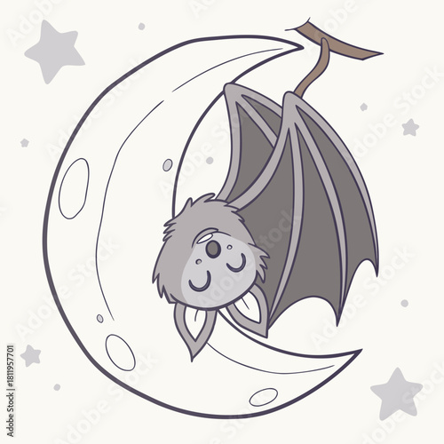 Adorable sleeping bat hanging from a branch on a crescent moon with stars upside down