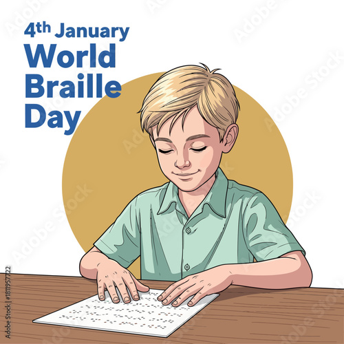 Illustration of a blind boy reading Braille for World Braille Day on January 4th, promoting accessibility, education, and inclusion for visually impaired communities.