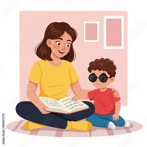 A heartwarming illustration of a mother teaching a blind child to read Braille, highlighting learning support, accessibility, and inclusive education.