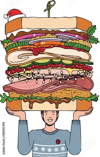 Happy man holding oversized holiday leftover Christmas sandwich, festive sweater, layered seasonal dinner, celebration food illustration