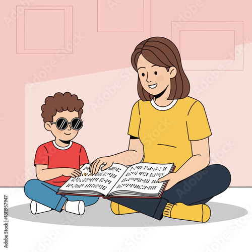 A heartwarming illustration of a mother teaching a blind child to read Braille, highlighting learning support, accessibility, and inclusive education.