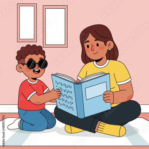 A heartwarming illustration of a mother teaching a blind child to read Braille, highlighting learning support, accessibility, and inclusive education.
