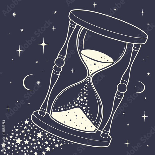 Hourglass with stars flowing out on a dark starry night background time sand