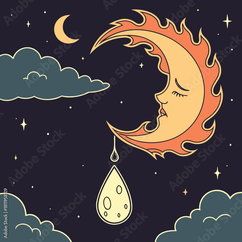 Sad Crescent Moon Crying Tear Drop in Starry Night Sky vector illustration