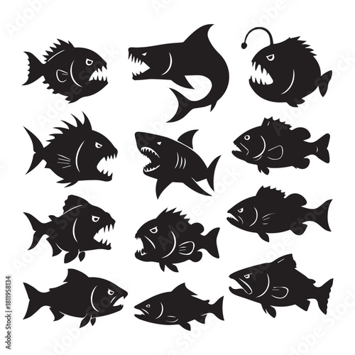 Aggressive fish silhouettes in black on white, showing rage, motion, and aquatic dominance