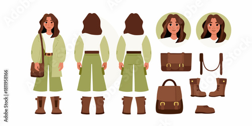 Woman in stylish outfit with accessories front back and portrait views