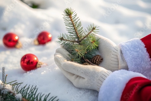 Person in Santa costume holding small Christmas tree in snow with ornaments nearby