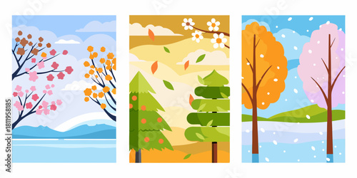 Four seasons vector illustration set spring summer autumn and winter