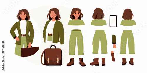Businesswoman character creation kit with separate clothing items and accessories