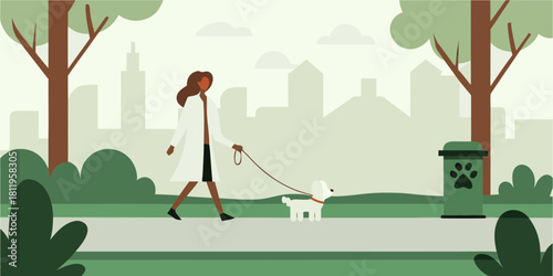 Woman walking her dog in the park with city skyline background