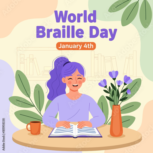 Illustration of a happy girl reading a Braille book for World Braille Day, highlighting accessibility, education, inclusion, and support for visually impaired communities.