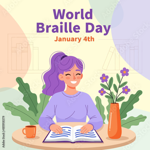 Illustration of a happy girl reading a Braille book for World Braille Day, highlighting accessibility, education, inclusion, and support for visually impaired communities.