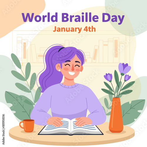Illustration of a happy girl reading a Braille book for World Braille Day, highlighting accessibility, education, inclusion, and support for visually impaired communities.