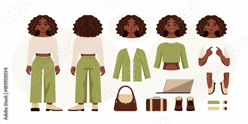 Cartoon woman with interchangeable clothes and accessories illustration