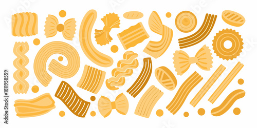 Variety of pasta shapes flat vector illustration on white background